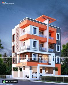 an orange and white apartment building with balconies on the second floor is shown