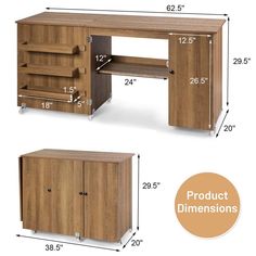 the measurements for an office desk with drawers and shelves on each side are shown in two different sizes