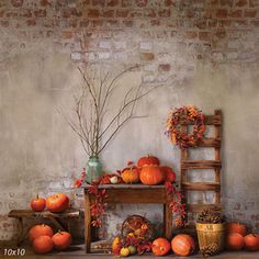 an arrangement of pumpkins and gourds in front of a brick wall with a ladder