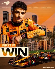 a man standing next to a race car in front of a cityscape with the words first place win