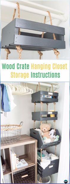 there are two pictures with the words wood crate hanging closet and storage instructions on it