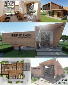 several renderings of the outside of a cafe