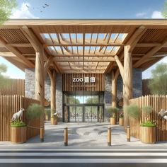 an artist's rendering of the entrance to a zoo with wooden posts and pillars