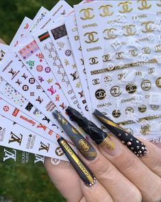 Chanel Nails Design Luxury, Nail Lv, Michael Kors Nails Stickers, Designer Acrylic Nails Lv, Louis Vuitton Nail Art Stickers, Brand Nails, Chanel Nail Art, Chanel Nails Design, Louis Vuitton Nails