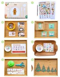 several wooden trays filled with christmas themed items and crafts for kids to play in