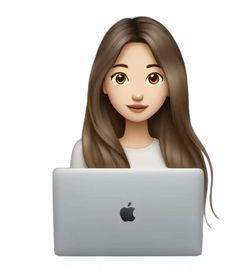 a woman sitting in front of a laptop computer with an apple logo on the screen