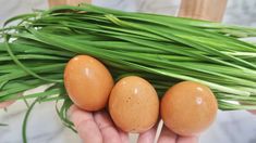 three brown eggs sitting on top of green grass next to a hand holding one egg