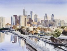 a watercolor painting of a city skyline