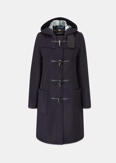 Discover the Women's Slim Fit Duffle Coat at Gloverall. Designed with 80% wool and 20% polyamide, this coat comes with buffalo horn toggles and leather loop fastenings. Duffle Coat Women, Duffel Coat, Duffle Coat, Chunky Knitwear, Navy Dress, Winter Looks, Black Watch, Canada Goose Jackets, Winter Coat