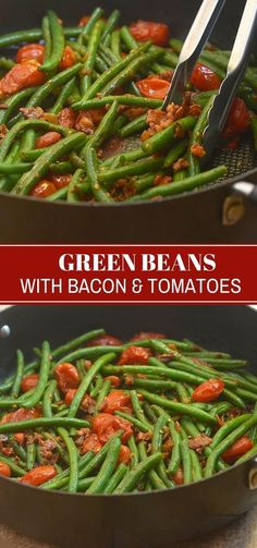 green beans with bacon and tomatoes in a skillet on the stove, before and after being cooked