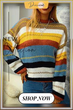 Vintage Stripes Multicolor Long Sleeves Sweater Multicolor Long Sleeve Casual Sweater, Casual Multicolor Long Sleeve Sweater, Casual Multicolor Winter Sweater, Casual Long Sleeve Sweater With Color Matching, Fall Crew Neck Sweater With Color Matching, Multicolor Acrylic Sweater For Fall, Casual Contrast Color Winter Sweater, Casual Winter Sweater With Contrast Color, Striped Color Block Sweater For Winter