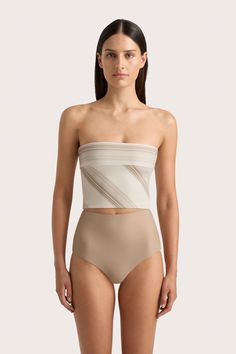 A fitted strapless swim top, cropped just above the waist. Printed in a neutral taupe stripe, pair with the Reyes Bikini Bottom or style as ready-to-wear with a relaxed pair of trousers. Maxi Dress Sale, Faithfull The Brand, Top Cropped, Swim Accessories, New Print, Swim Top, Event Dresses, Swim Shorts, Playsuit Jumpsuit