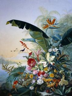 a painting with flowers and birds in it