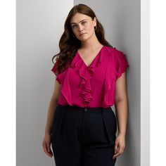 Cascading ruffles flutter sleeves and crinkle georgette bring ethereal movement and a romantic sensibility to this short-sleeve blouse. Sweatpants And Sweater, Cascading Ruffles, Georgette Blouse, Ralph Lauren Women, Button Down, Rugby Shirt, Vest Dress, Short Sleeve Blouse, Sport Coat