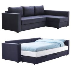 two pictures of a couch and bed with the mattress pulled up to it's side