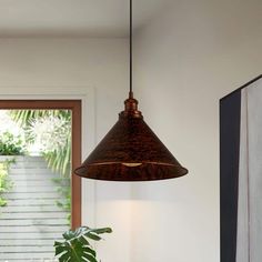 a lamp hanging from a ceiling in a room with a potted plant on the table