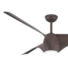 a ceiling fan that is brown and has two blades on the blades, one with a light