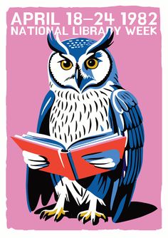 1982 National Library Week Poster – Retro Owl Reading Art Print, Pink and Blue Mid-Century, Literary Gift, Wall Decor for Book Lovers