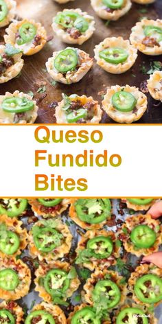 some food that is sitting on top of a pan with the words queso fundido bites