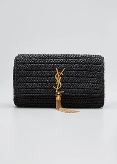 Saint Laurent Kate 99 YSL Raffia Tassel Shoulder Bag - Bergdorf Goodman Luxury Straw Evening Bag, Luxury Woven Straw Evening Bag, Luxury Travel Shoulder Bag With Tassels, Handwoven Straw Bag For Evening, Evening Handwoven Straw Bag, Designer Bags With Tassels, Luxury Clutch Bag With Fringe, Luxury Fringe Clutch Bag, Luxury Travel Bag With Fringe