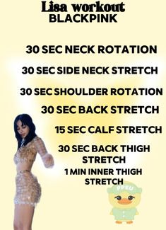 a woman in a short skirt standing next to a yellow background with the words, liba workout blackpink 30 sec neck rotation