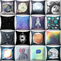 nine pillows with different designs on them, each featuring an astronaut's space theme