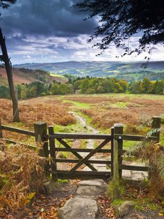 a wooden gate in the middle of a field