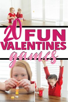 the words fun valentine's games are shown above pictures of children playing with toys