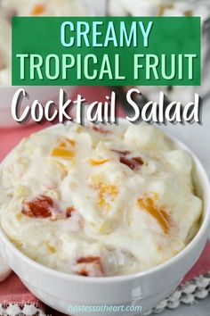 Tropical Fruit Cocktail Salad is cool and creamyWith only 5 ingredients it comes together quickly and can be made aheadAdd extra cherries and you have a party Pasta Green, Recipes With Fruit, Jello With Fruit, Cheesecake Fruit Salad, Fruit Salad With Pudding