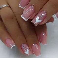 24pcs Press On Nails Long Square White French With White Love Design Stripe Glossy Fancy Nails Designs, Nagel Tips, White Nail, Short Acrylic Nails Designs, White French