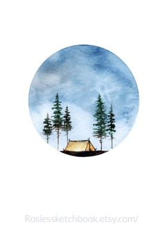 a watercolor painting of trees and a tent in the middle of a blue sky