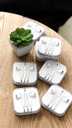 six white earbuds sitting on top of a wooden table next to a potted plant