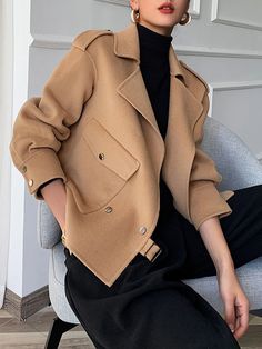 Long sleeve Simple Shawl Collar Loose Jacket Winter Mode Outfits, Mode Mantel, Fashion Black And White, Loose Jacket, Types Of Coats, Lapel Jacket, Long Sleeve Outerwear, Fashion Elegant, Mode Inspo