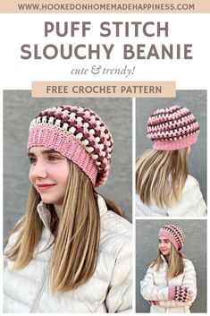 a girl wearing a pink and white crochet hat with text that says puff stitch slouchy beanie