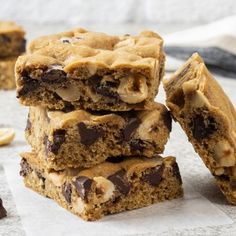 chocolate chip cookie bars stacked on top of each other