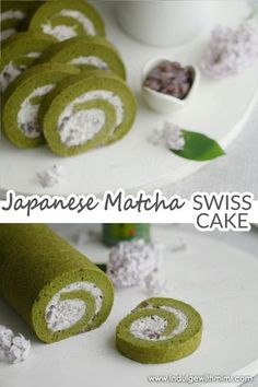 japanese matcha swiss roll cake on a plate