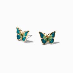 Blue & Green Butterfly Stud Earrings, Green Butterfly Earrings, Green Earrings Aesthetic, Blue Green Butterfly, Weird Earrings, Green Stud Earrings, Colorful Stud Earrings, Teal Butterfly, Galaxy Earrings, Blue Stud Earrings