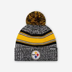 Pittsburgh Steelers Heather Team Stripe Lined Pom Beanie FOCO - FOCO.com Winter Headwear, Nfl Teams Logos, Logo Display, Nfl Logo, Stretchy Headbands, Acrylic Fabric, Trending Fashion, Pom Beanie, National Football League