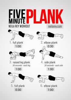 the five minute plank workout is shown in red and black, with instructions to do it