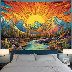 a large painting on the wall above a bed in a room with two nightstands