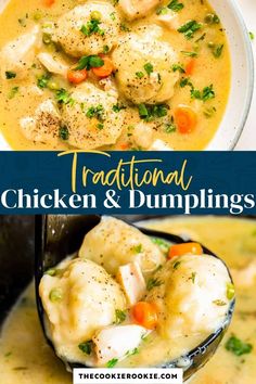 chicken and dumplings soup in a bowl with the title overlay reads easy chicken and dumplings