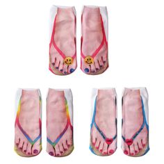 PRICES MAY VARY. polyester Ankle sockswith 3D print flip flop pattern: 98% Polyester, 2% Spandex No Show Socks for girls fit sock sizes 2–10 and shoe sizes 4–8. These fun crew socks are very durable, comfortable and stretch over the foot as they are pulled on. They stay in place nicely and have a no-show cut. Can also use as a yoga sock for a comfortable stylish look, you'll have lots of options to love. It is suitable for birthday gifts, gifts for women,gifts for her,wedding gifts,mothers day g Silly Socks, 3d Printing Fashion, Flip Flop Socks, Printed Flip Flops, Fluffy Socks, Foot Socks, Print Socks, Cute Slippers, Summer Slippers