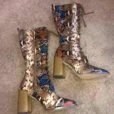 Multi-Colored Snake Print Lace Up Boots. Size 7.5. New. Never Worn. Multicolor Synthetic Boots For Fall, Casual High Heel Snake Print Boots, Snake Print Boots, Print Boots, So Me, Wedge Boots, Snake Print, Lace Up Boots, Multi Colored