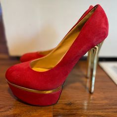 Beautiful Red Stiletto With Gold Accent And Heel. Never Worn Outside. Bought For Photoshoot. Gold Stilettos, Red Stilettos, Gold Accent, Red And Gold, Gold Accents, Red Gold, Shoes Women Heels, Shoes Heels, Women Shoes