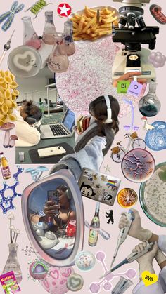 a collage of various objects including a girl with a laptop and other things in the background