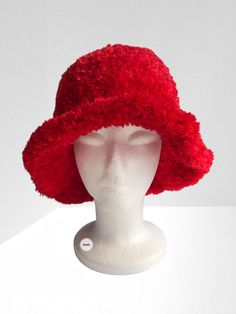 Faux Fur Handmade Crochet Hat, Red Winter Hat,  Fur Beret with a Bow, Plush Bucket Hat, Bucket Hat for Ladies, Knitted Hat, Gift her Get ready for the colder months with our chic and bold bucket hat. It's crafted from faux fur fluffy yarn. ⦿ Lightweight and durable ⦿ Fluffy design ⦿ Soft top and brim Fashion bucket hat is made of faux fur plush  yarn. Soft and very comfortable It's lightweight and foldable for easy storage or for taking on the go while traveling This hat is suitable for all seas Red Wide Brim Winter Hat, Red Brimmed Costume Hat One Size, Red Brimmed Winter Hat, Casual Red Brimmed Mini Hats, Warm Red Winter Hat, Casual Red Bucket Hat For Winter, Red Mini Hats With Curved Brim For Winter, Winter Party Beanie Mini Hat, Red Brimmed Mini Hat