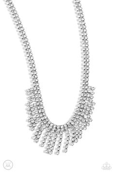 A double-stranded chain of dainty white rhinestones in silver square fittings leads the eye down to a fringe of gems in square fittings that drip in varying lengths down the collar, creating a sparkling display. Features an adjustable clasp closure.

Sold as one individual choker necklace. Includes one pair of matching earrings. White Choker Necklace, White Choker, Lanyard Necklace, Kids Rings, Kids Bracelets, Kids Earrings, Paparazzi Accessories, White Necklace, White Rhinestone