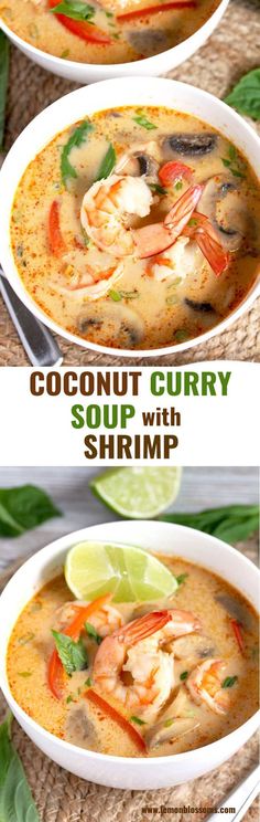 coconut curry soup with shrimp in a white bowl