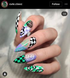 Neon Nails With Design, Glitch Nails, Crazy Nail Art Unique, Trippy Nails, Rave Nails, Nail Design Glitter, Funky Nail Art, Hippie Nails, Punk Nails