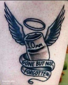 a tattoo with an angel holding a can of beer on it's arm that says, how many people need this lol